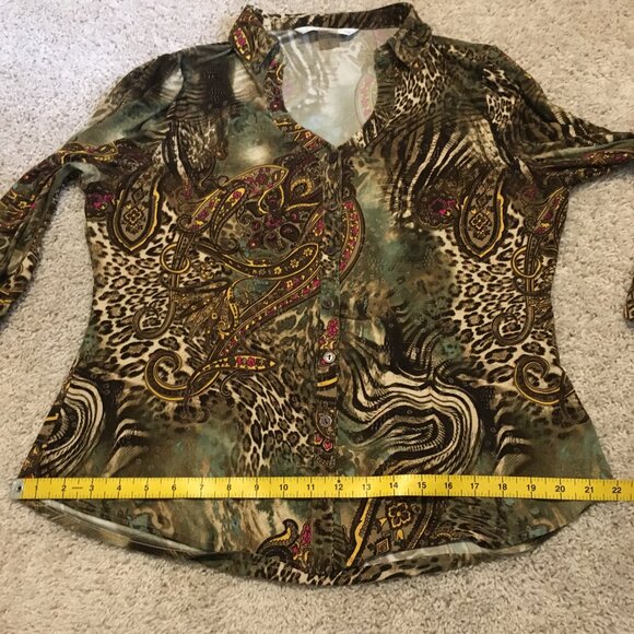 Vintage Y2K Animal Paisley Print Ruched Sleeve Button Up Top - Picture 14 of 16
